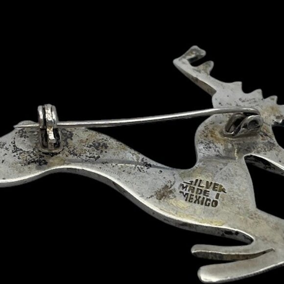 Vintage Old Sterling Silver Turquoise Mexico Deer Stag Brooch Buck - Picture 4 of 13